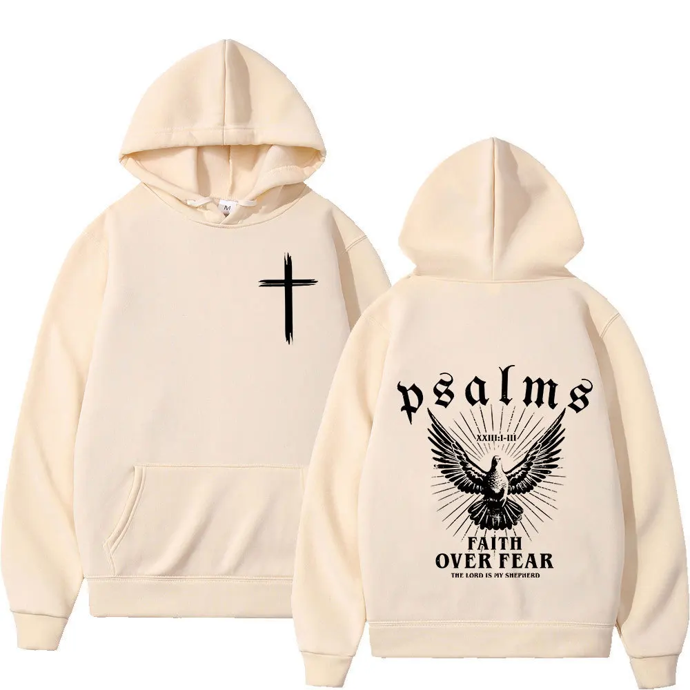 Faith Over Fear Hoodie Unisex Men Women Psalms Dove Cross Christian Graphic Front Back Print Casual Streetwear Pullover