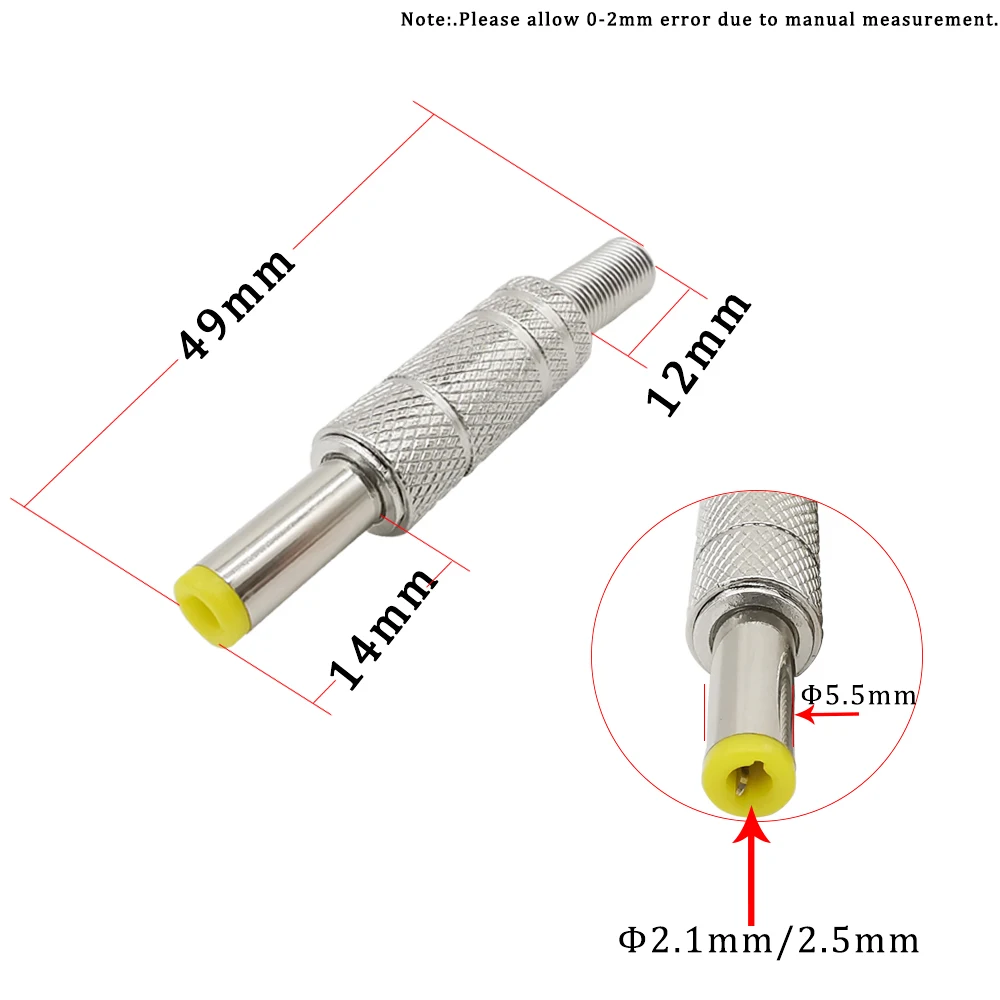 2/5 Stücke Metall 5,5x2,1 MM/5,5x2,5 MM DC Power Jack Stecker Stecker mit Feder Gelb Kopf 5,5*2,1mm/5,5*2,5mm DC-099 Silber – Detail 2