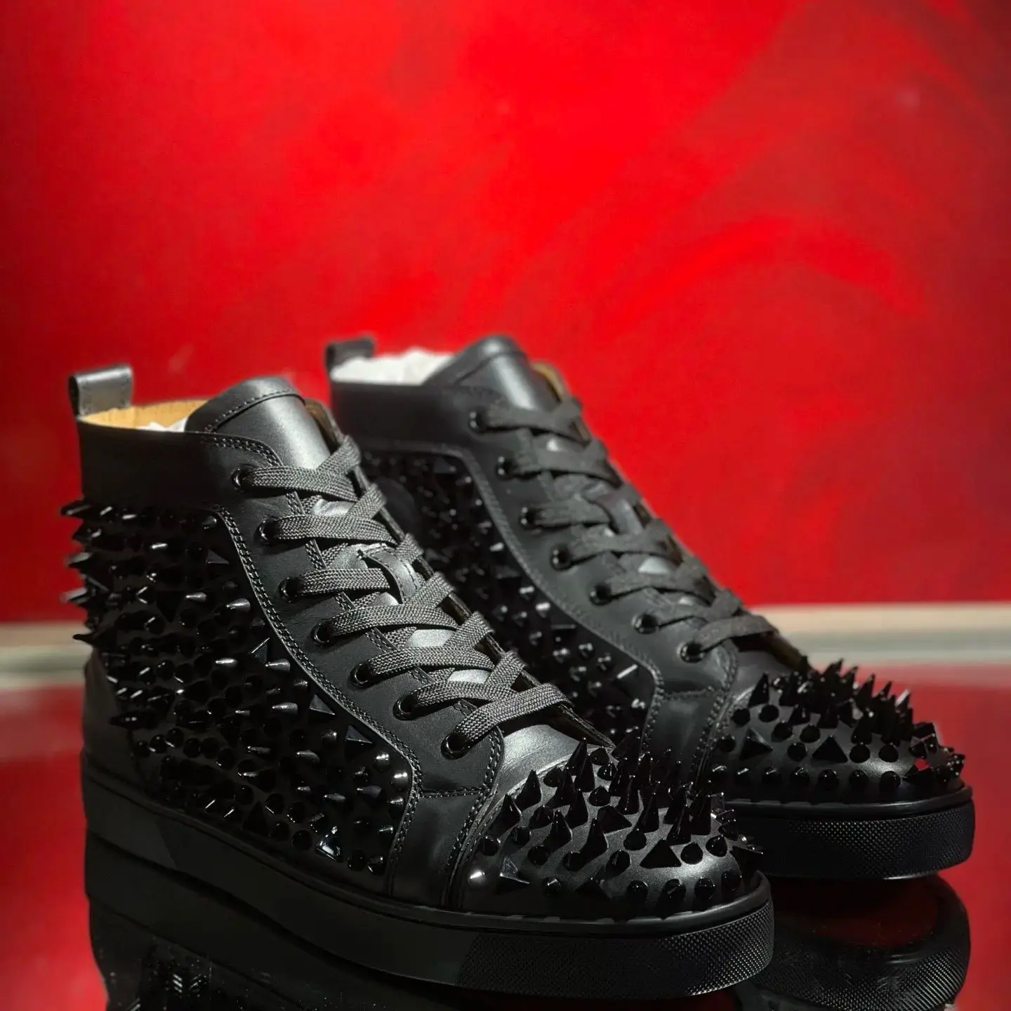Men's Luxury Messy Spiked High Top Sneakers Black Leather Studded Casual Shoes Red Bottom Lace Up Streetwear Business Plus Size