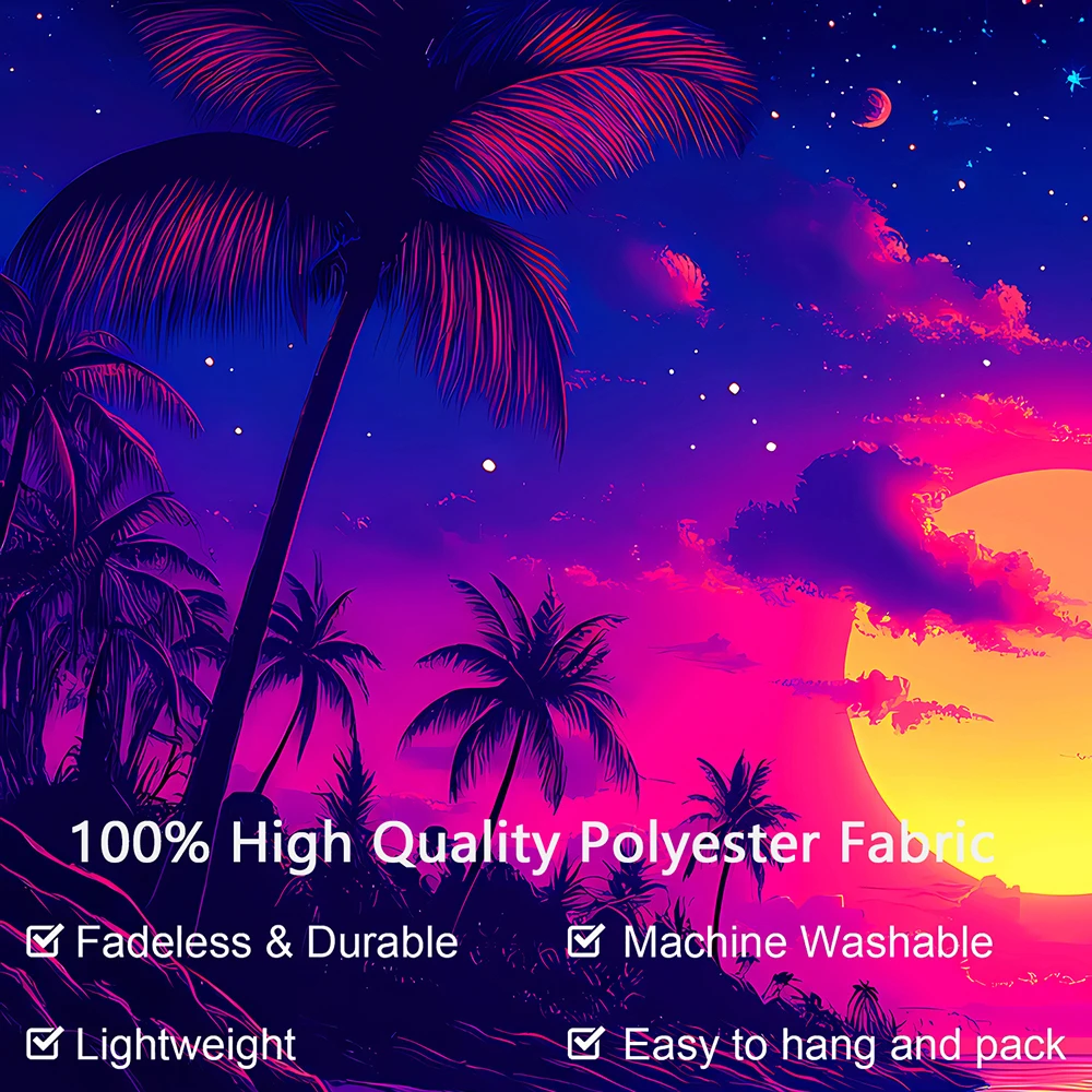 1pc Neon Retro Synthwave Beach Sunset Tapestry, Blacklight UV Reactive Tropical Palm Tree Coastal Wall Hanging for