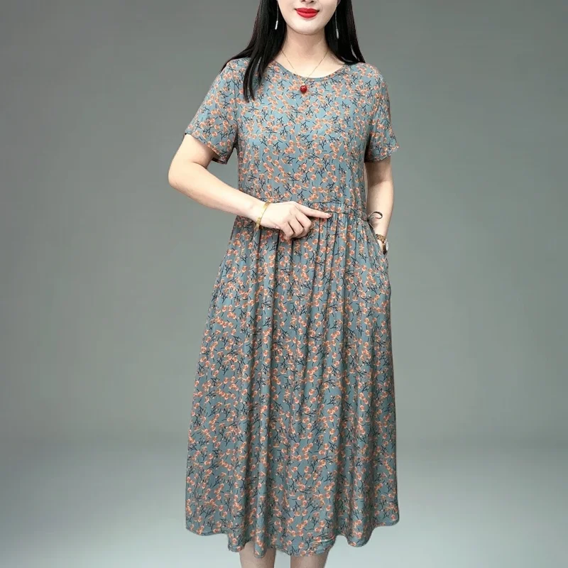 

Summer New Simple Versatile Vintage Casual Short Sleeved Dress O-Neck Patchwork Drawstring Mid Length Fragmented Flower Dresses