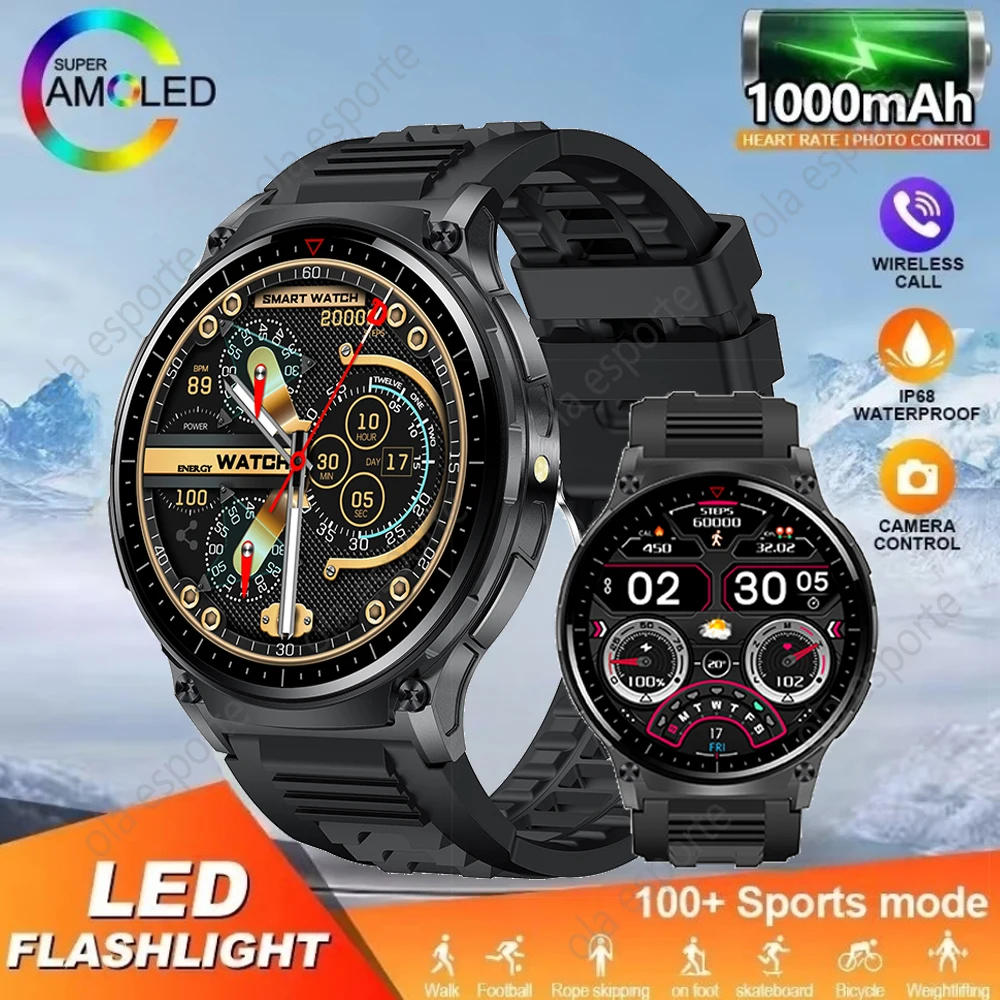 

Мужские умные часы с AMOLED-экраном, светодиодный фонарик, спортивные часы, Bluetooth-вызов, монитор сердечного ритма, сна для Android, IOS, умные часы