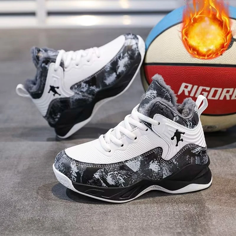 Winter Children's Plush Basketball Shoes Outdoor Warm Casual Sneaker Boys Fashion Trendy Shoes Youth Anti Slip Running Shoes