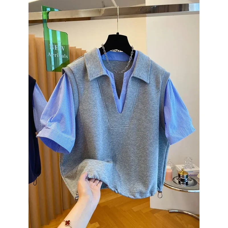 Fashion Fake Two Piece T Shirt Women Niche Design Sense T-shirt Loose Casual Stitching Vest Button Short Sleeve Tshirt