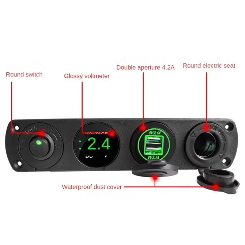 

Панель морского переключателя «четыре в одном», 12 В, 3,1 А, двойная розетка для зарядного устройства USB, розетка, светодиодный вольтметр, переключатель прикуривателя