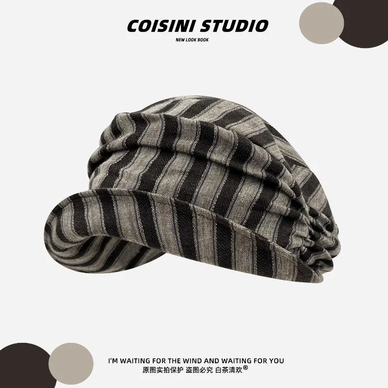 日本のレトロなストライプ柄フリップブリムペインターハット、男女兼用ベレー帽、春夏用多用途シェードカジュアルニュースボーイキャップ