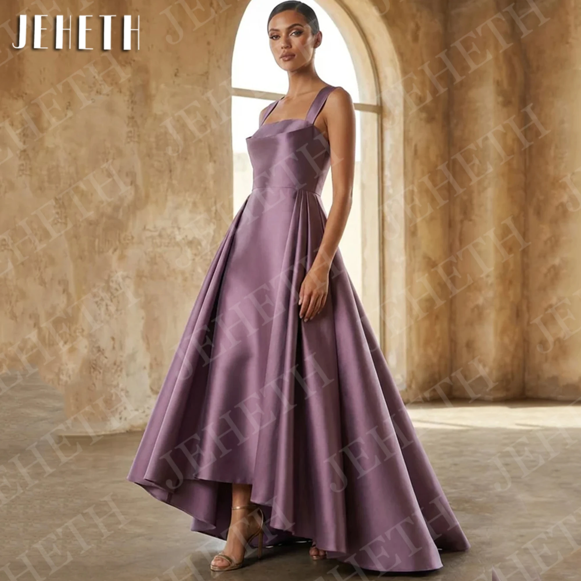 JEHETH Square Neck Evening Dress Woman Dusty Purple Satin A Line High Low Red Carpet Party Dresses Customized Vestidos De Fiesta