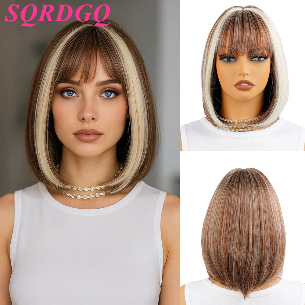 

SQRDGQ Прямые волосы Синтетические парики для женщин Парик Боб со светлой челкой Высокое качество Женские парики распродажа