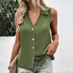 Women Summer T-Shirt Vest Casual Solid Color Tank Top Oversize V-Neck Sleeveless Button Mid Length Breathable Female Clothes