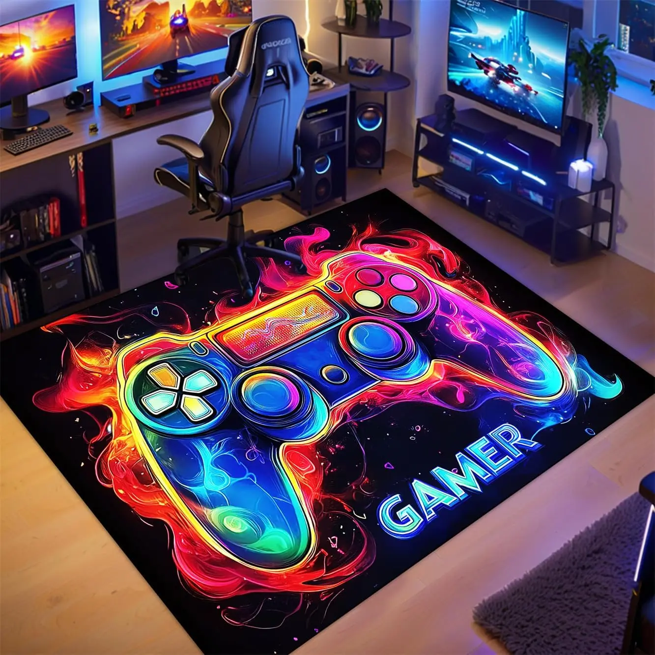 Purple Gaming Carpet for Boys' Room - 70x55 Inches Video Game Themed Rug, Kids Bedroom Decor