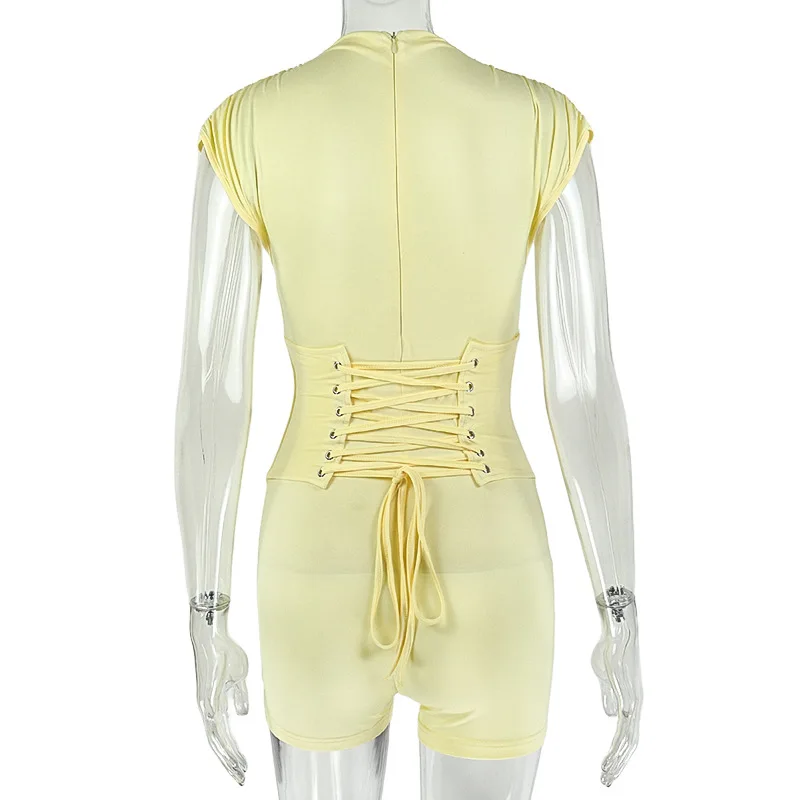 Eleganter Damen-Overall in Gelb mit Korsett und Raffungen, Sexy Bodycon-Jumpsuit mit Hohem Kragen und Kurzen Ärmeln, Nachtclub Y2K Kurzer Einteiler – Detail 9