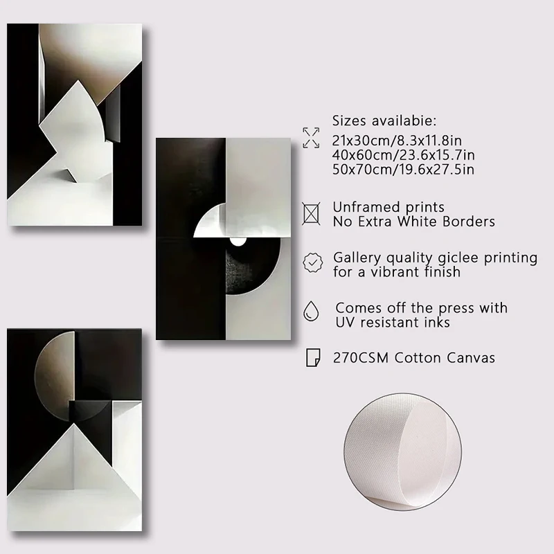 3pcs/set  frameless   Canvas Poster Modern Art Black White Geometry Blocks Poster Wall Art Bedroom Living Room Corridor Decorati