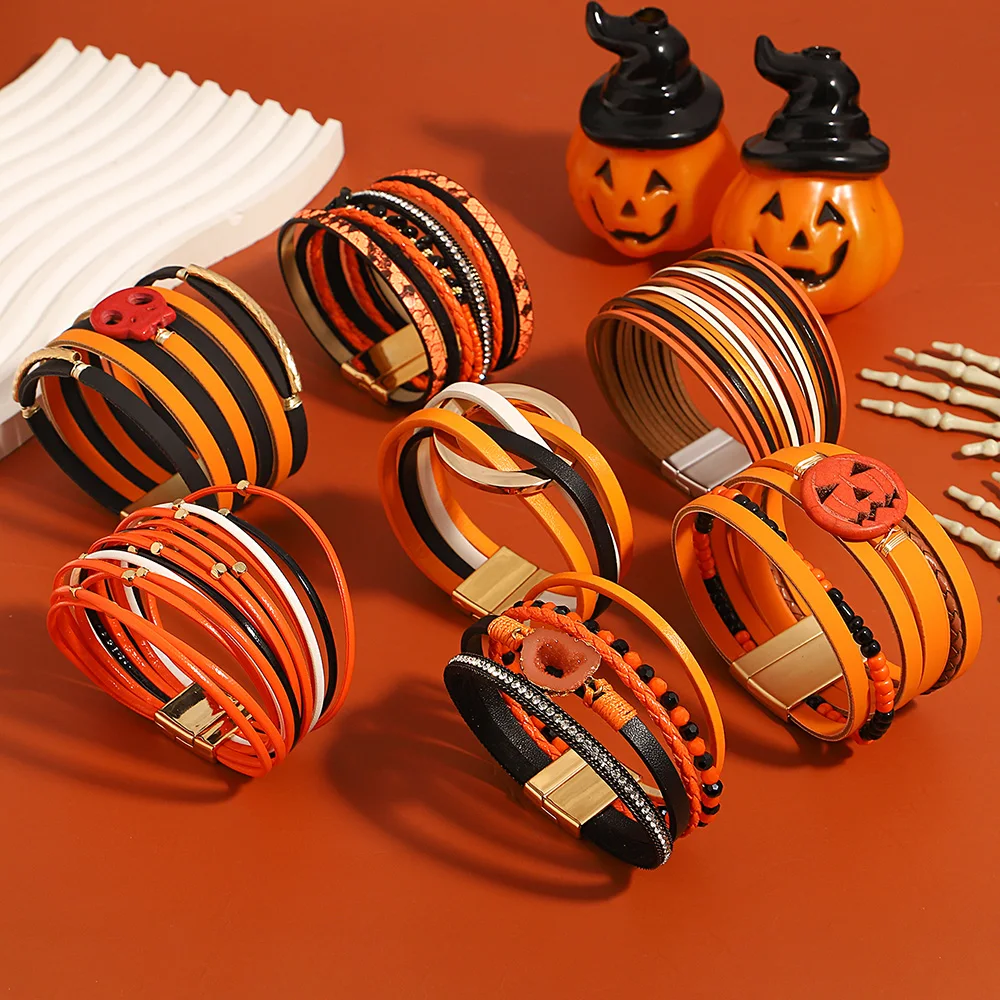 ALLYES Gothic Pumpkin Skull Stone Geometric Leather Bracelets Boho Halloween Multilayer Wrap Wide Bracelets Jewelry Gifts