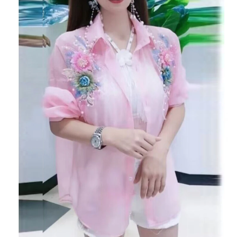 Women's 3D Flower Beaded Sequins Chic Sunscreen Shirt Summer Fashion Rhinestone Long Sleeve Thin Blouse Sweet Sheer Loose Tops