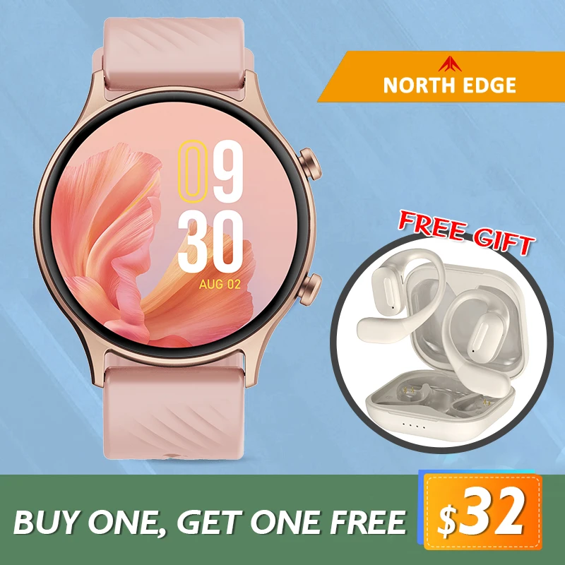 NORTH EDGE Reloj inteligente Llamada Bluetooth para hombres Auriculares inalámbricos de oído abierto Cancelación activa de ruido Auriculares OWS Compre uno y llévese otro gratis