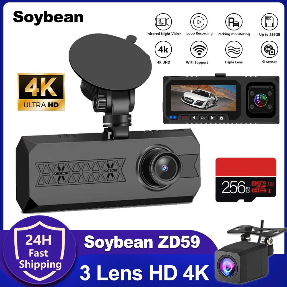 Soybean ZD59 3 Lens Action Camera 3'' 4K Car DVR Video Dashcam Front and Rear WIFI GPS Infrared Night Vision 24H Parking Monitor