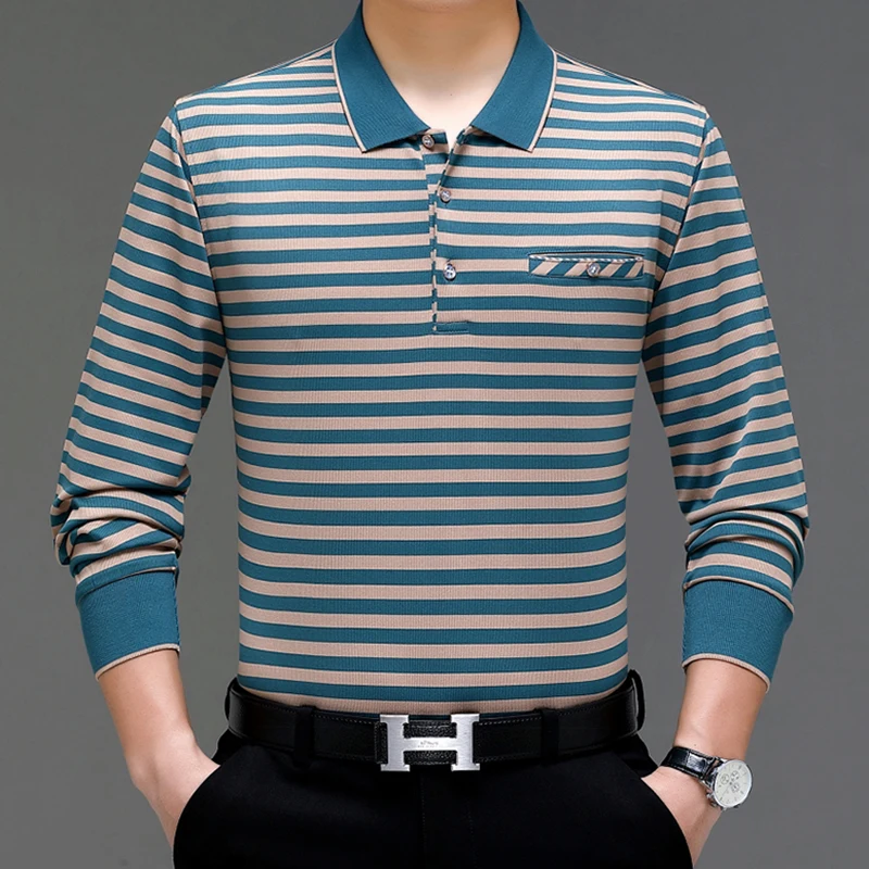 

2024 Spring Autumn Trendy Men's Polo T-shirt with Polo Collar Button Stripe Contrast Color Long Sleeved Business Leisure Tops