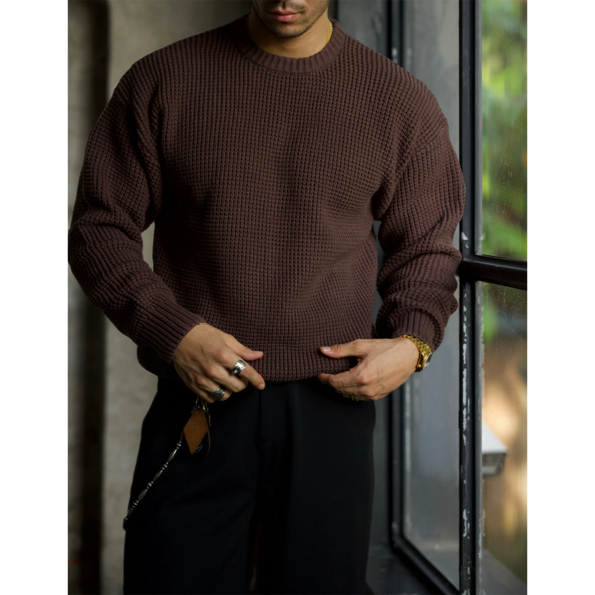 

American Kaji Winter Heavy Vintage Sailor Waffle Loose Shoulder Thickened Thread Bottom Shirt