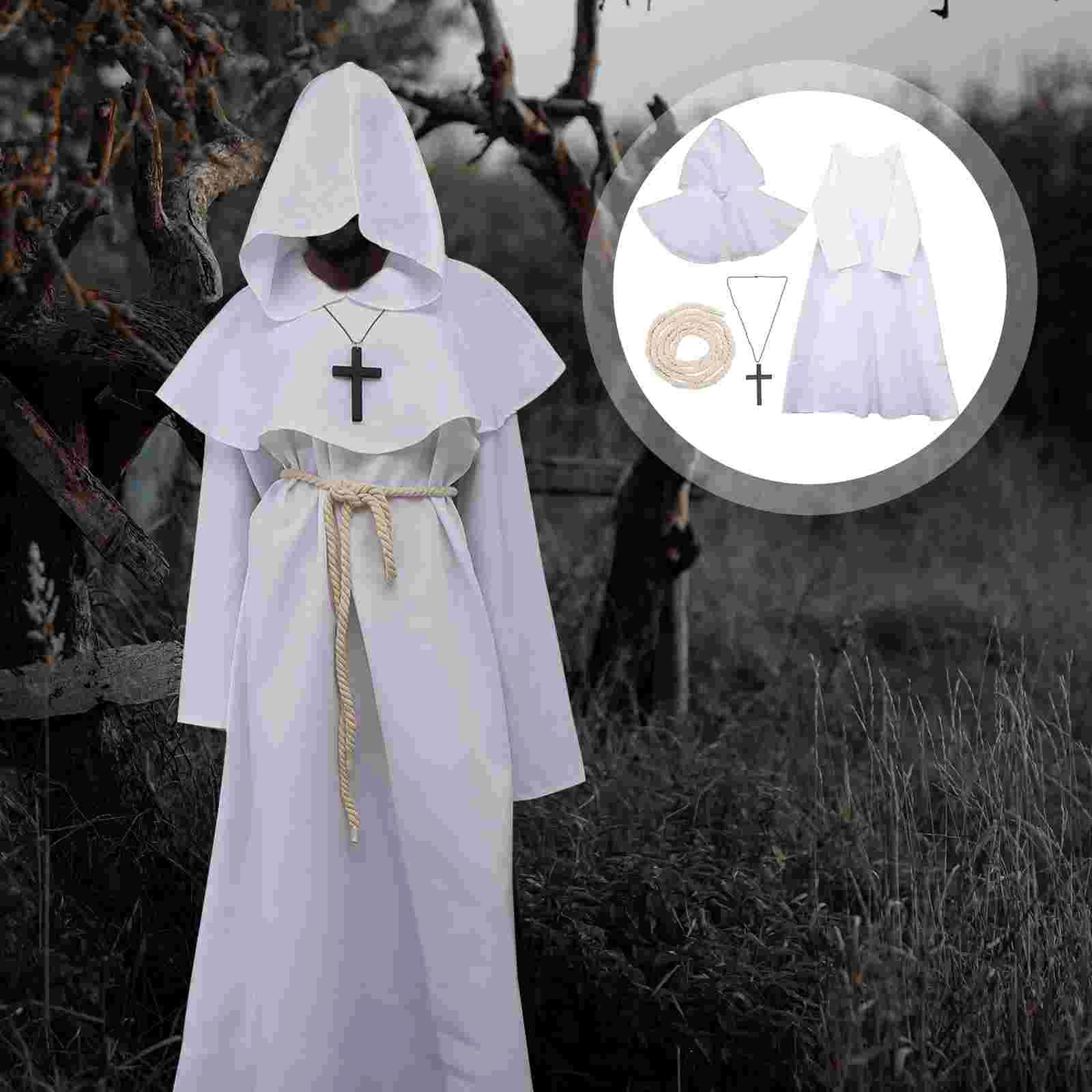 Vestuário masculino roupas de sacerdote renascentista robe capa com capuz halloween branco e feminino