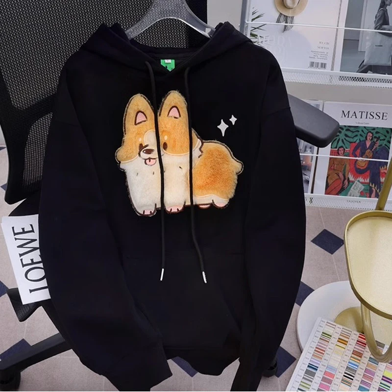 Autumn Winter Cartoon Corgi Dog Embroidery Pullover Women Sweatshirt Hoodie Streetwear Couples Top Clothes Casual Hooded Coat