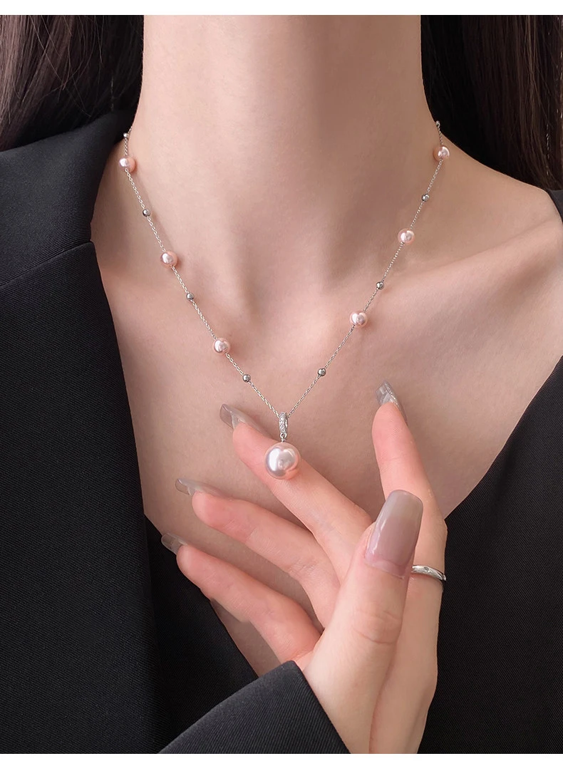 Zierliche Manta Rose Lila Imitationsperlen-Halskette für Damen, Perlenkette mit einzelnem runden Perlenanhänger, elegantes tägliches Schmuckgeschenk – Detail 6