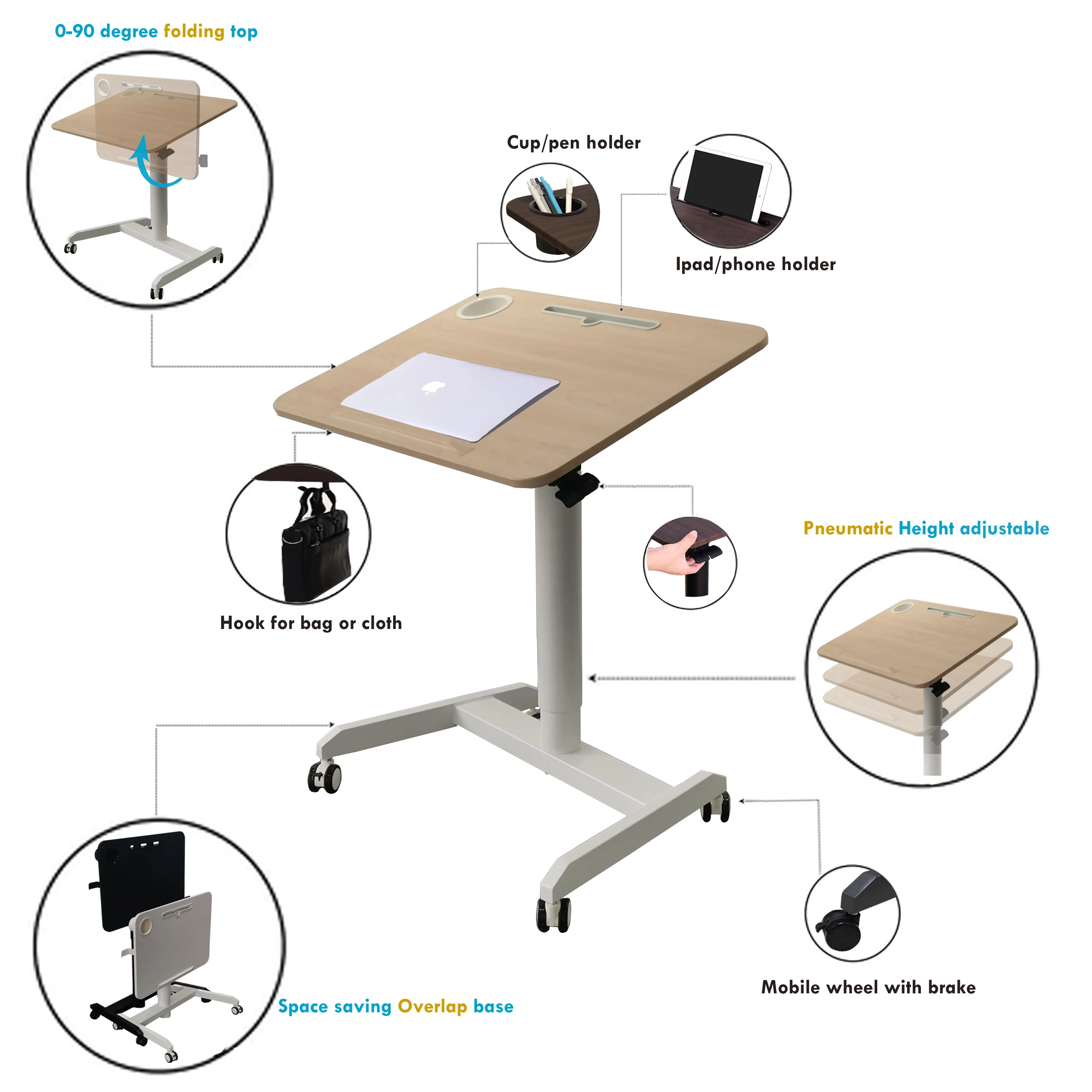 Modern Adjustable Height Home Office Mobile Desk with Gas Lift Mechanism Folding Top Space Saving Design for Comfort Convenience