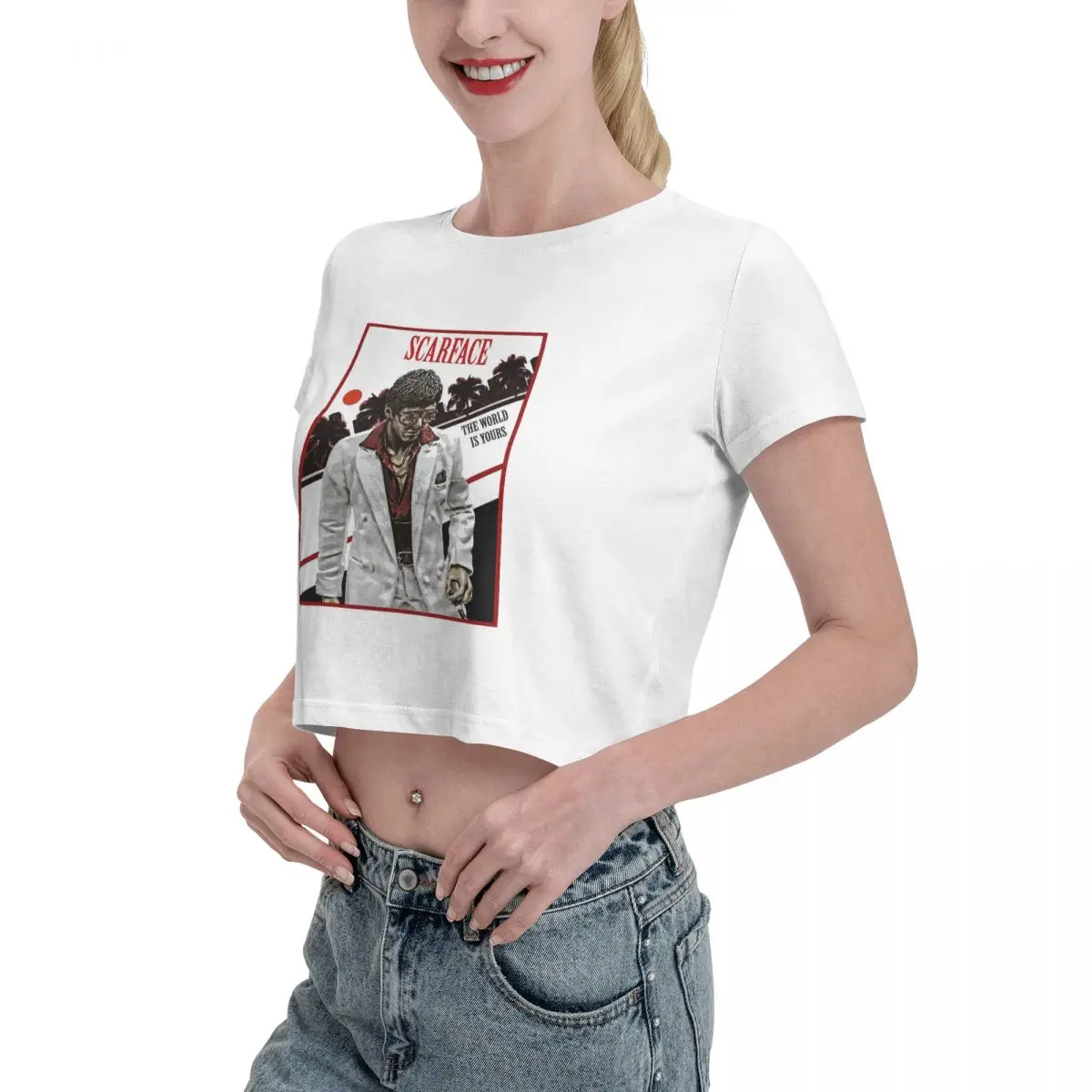 Movie Scarface Tony Montana Graphics Leak navel T-shirt, Womens Summer Cotton Tee Fashion Crew Neck Short Sleeve T Shirts