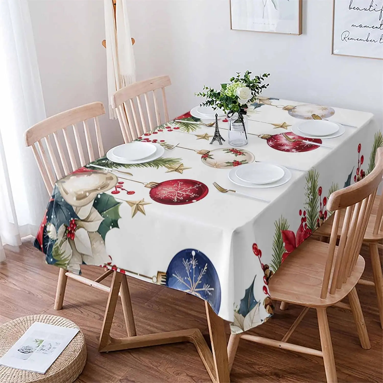 Christmas Poinsettia Berry Xmas Ball Waterproof Tablecloth for Table Decor Winter Kitchen Dining Tablecloth Christmas Decoration