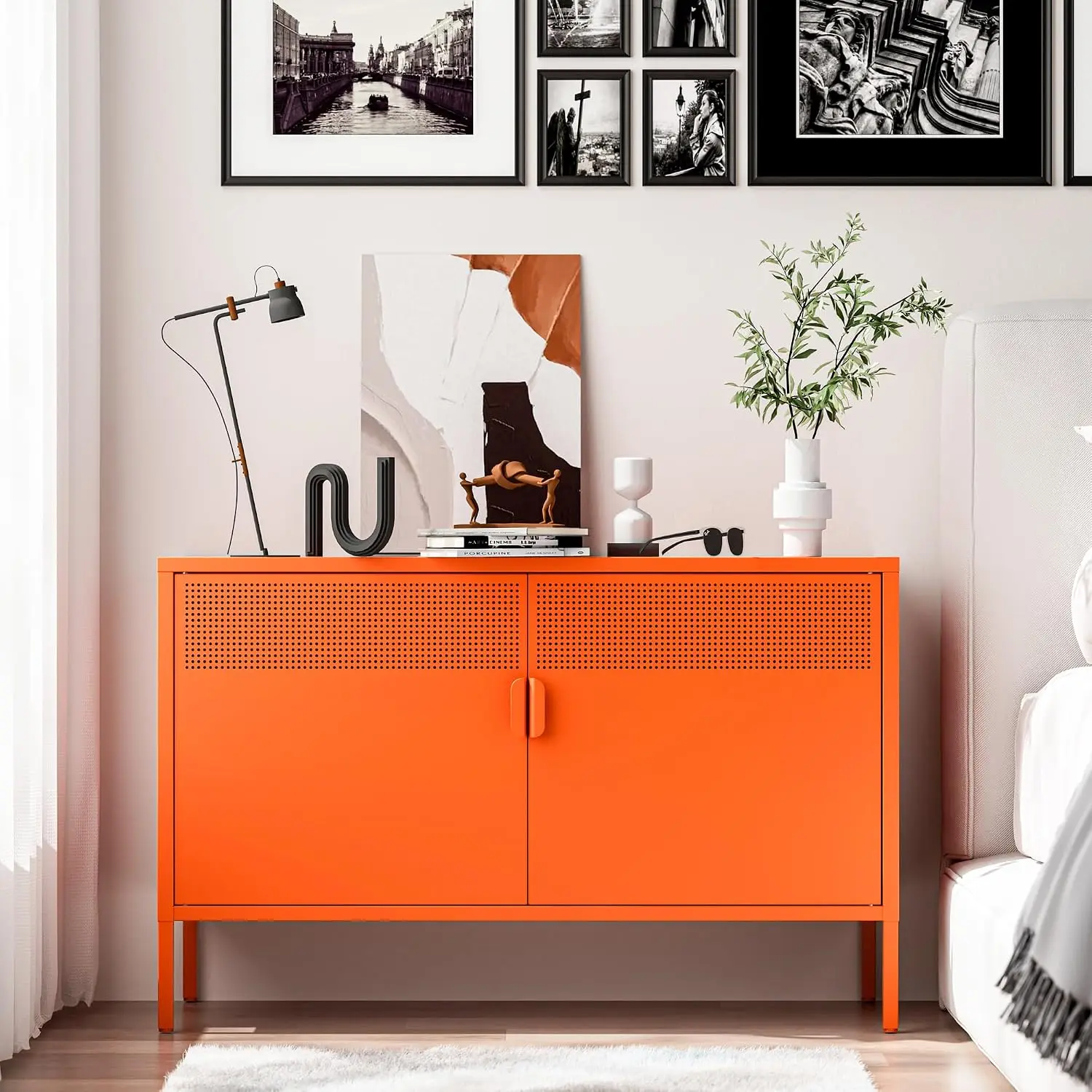 Orange Metal Storage Cabinet with Adjustable Shelf & 2-Tier Design, Multipurpose Locker for Office Home Studio, Customized