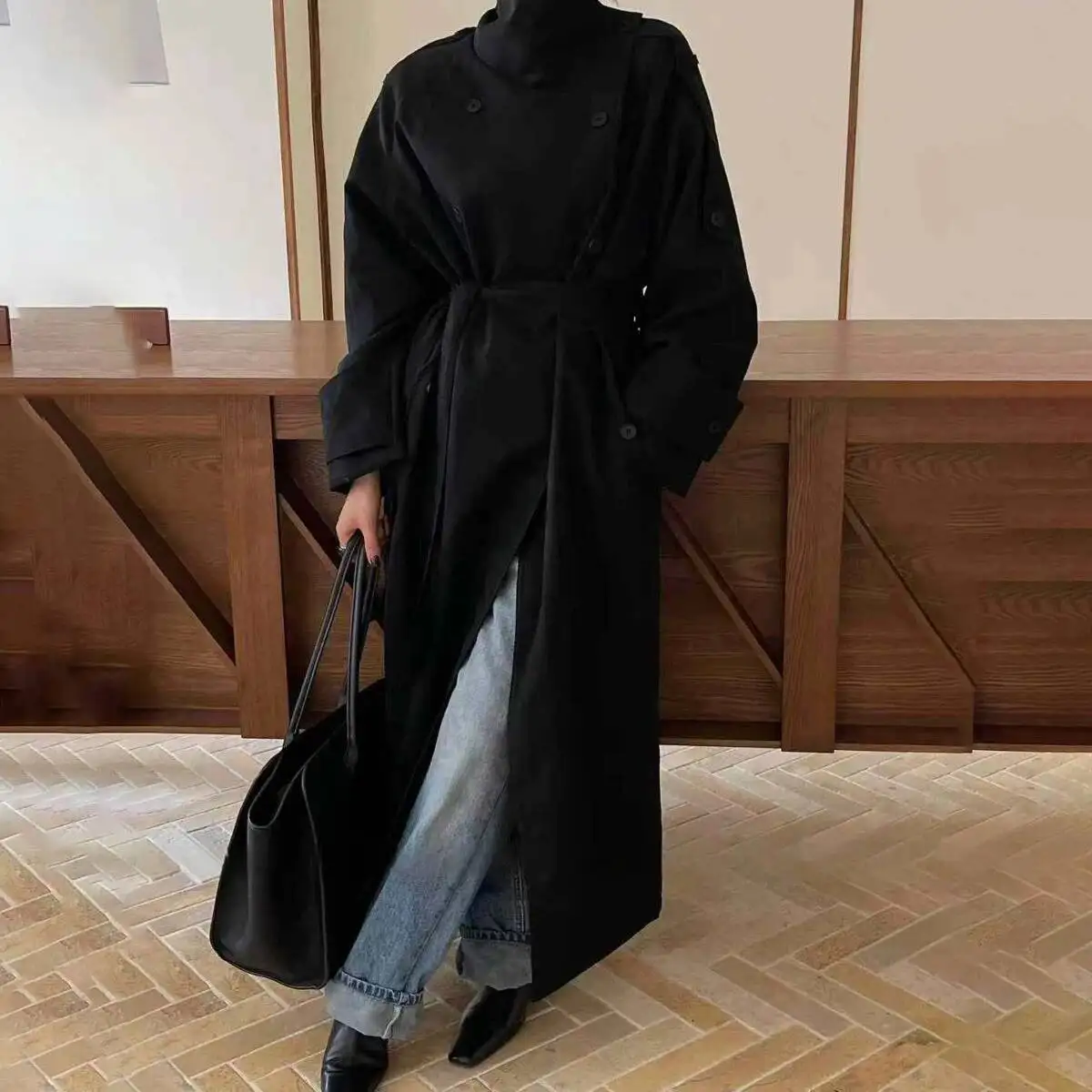 

KWTX 2025 Новый женский длинный плащ, двубортный воротник-стойка с поясом и карманами, винтажный осенне-зимний премиум-класс