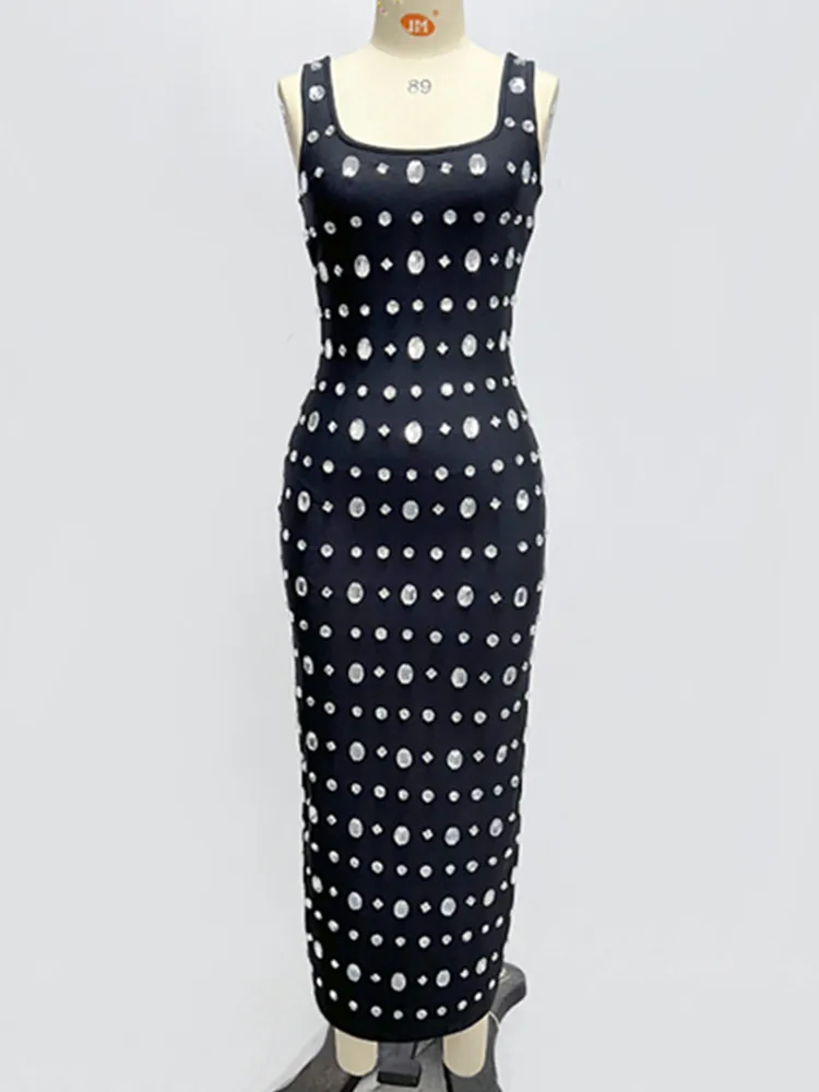 Women Celebrity Sexy Tank Black Crystal Diamonds Maxi Long Bodycon Bandage Dress 2024 Elegant Evening Club Party Dress