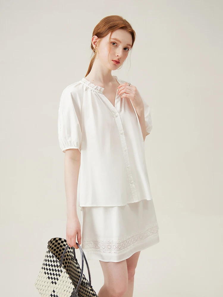 FSLE Classic White  V-neck Short-sleeved Shirt Skirt Suit 2024 New Design Versatile Casual White Suit 24FS12698 24FS12699