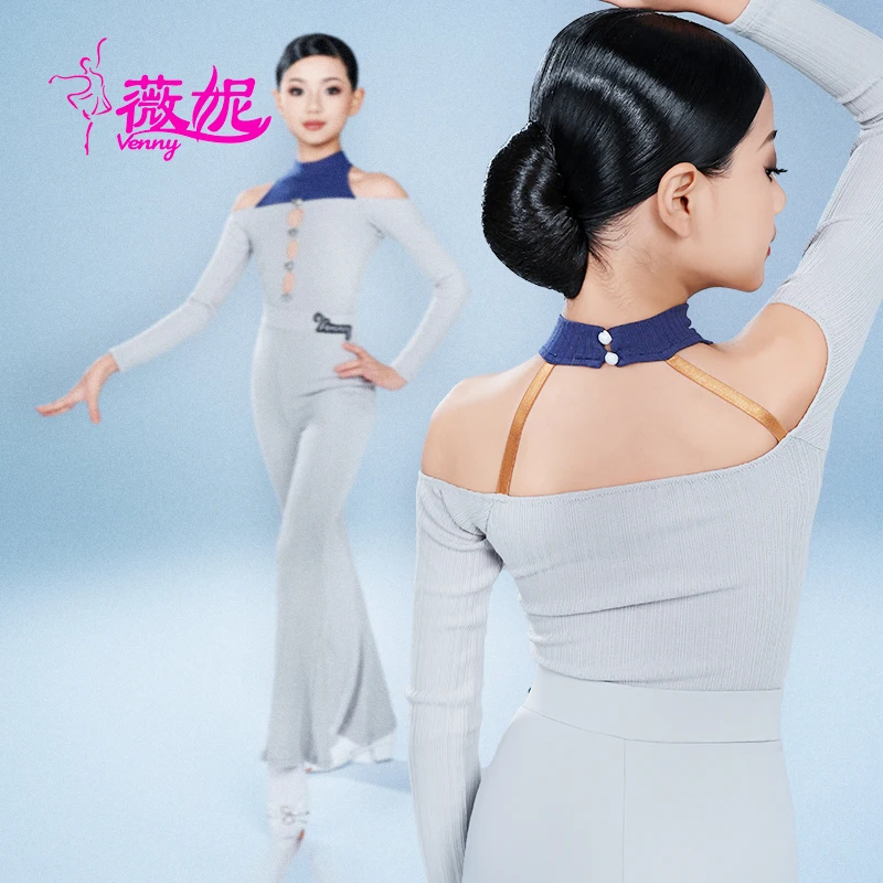 

Venny Style Latin Dance Wear Girls Practice Set: Premium Long Sleeve Halter Top & Flared Pants Separates, New Slim Fit Modern