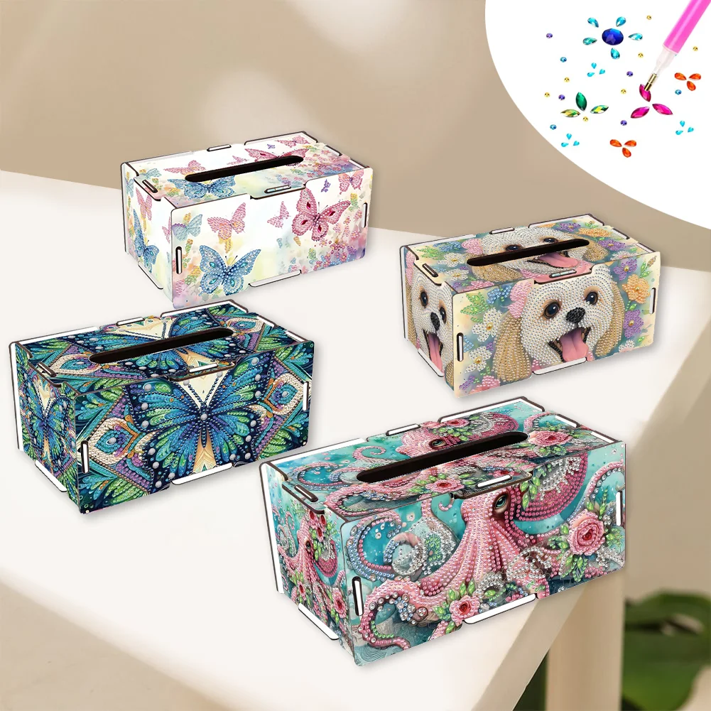 1 Piece Diamond Painting set, tissue box, Butterfly puppy pattern, Wooden material, carnival party, gift