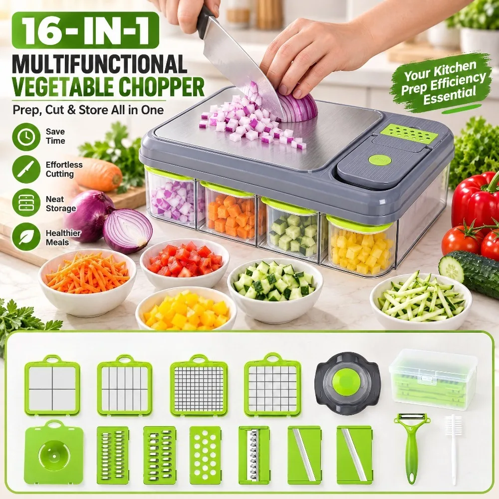 Updated 16 IN 1 Safe Mandoline Slicer with Container Vegetable Chopper Food Slicer Dicer Grater Peeler Kitchen Chopping Artifact