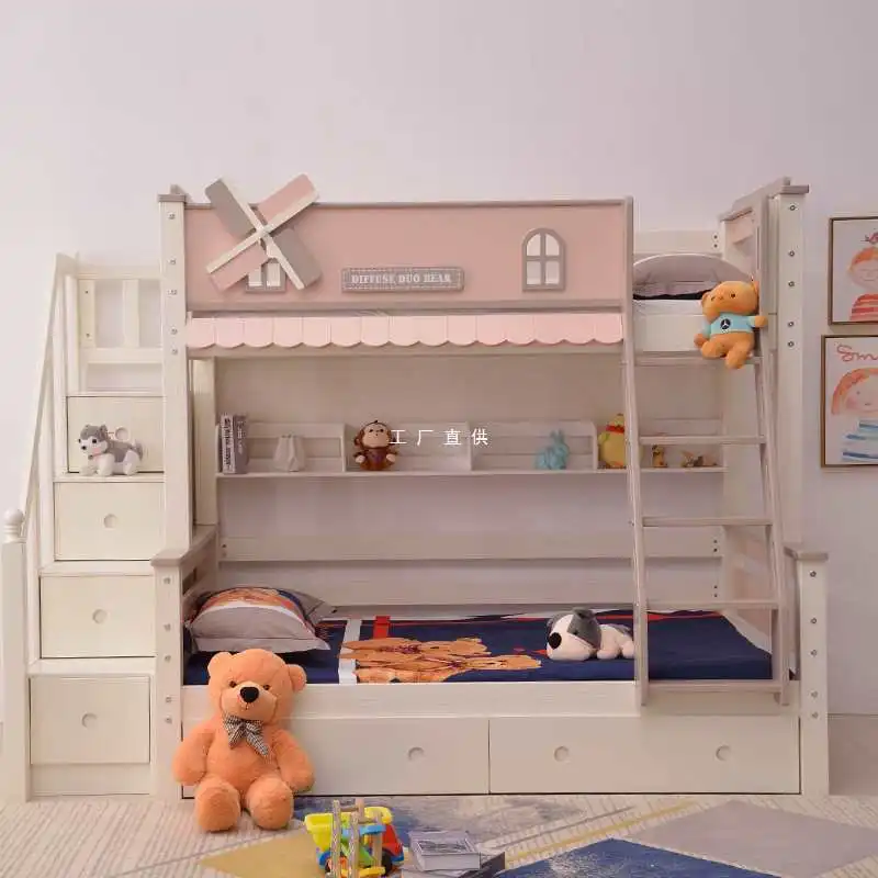 

Solid wood bunk bed, children's bed, girl's castle princess tree house upper and lower bunk, sliding slide