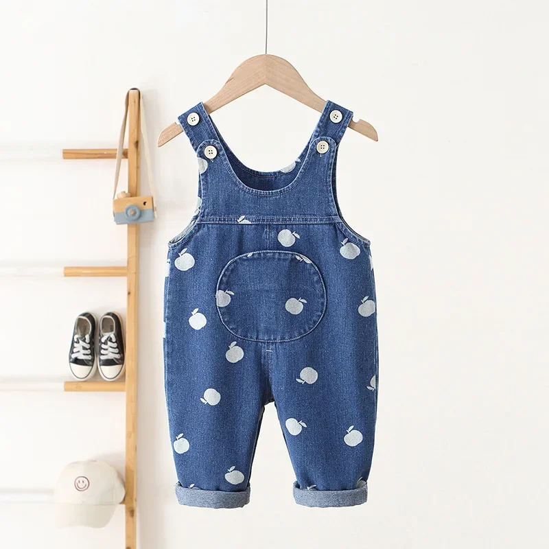 

0-4Y Girls Cotton Denim Child Overalls Korean Children's Clothes 2025 Apple Print Adjustable Strap Jeans Soft Casual Daily Wear