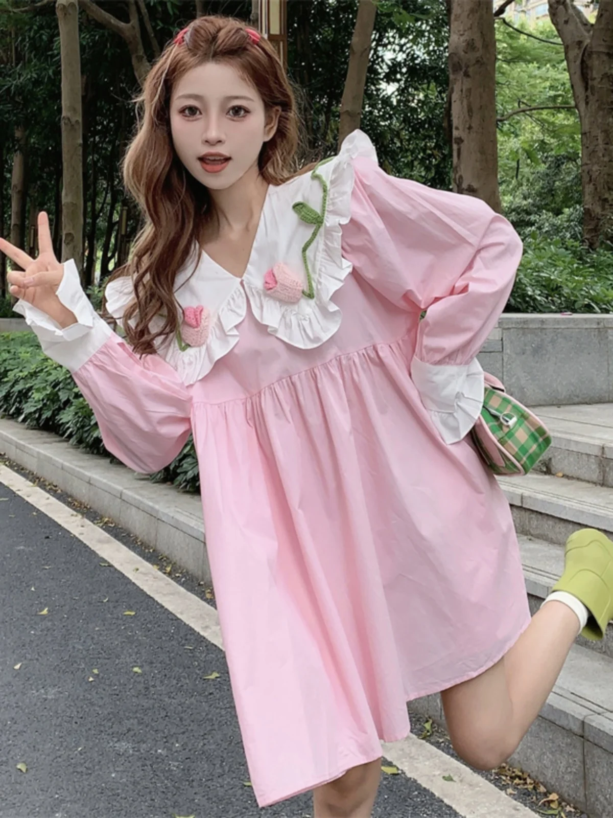 Korean Style Sweet Contrasting Doll Neck Dress Female Summer Autumn Loose Long Sleeved Short Dresses Large Size Women\'s Clothing