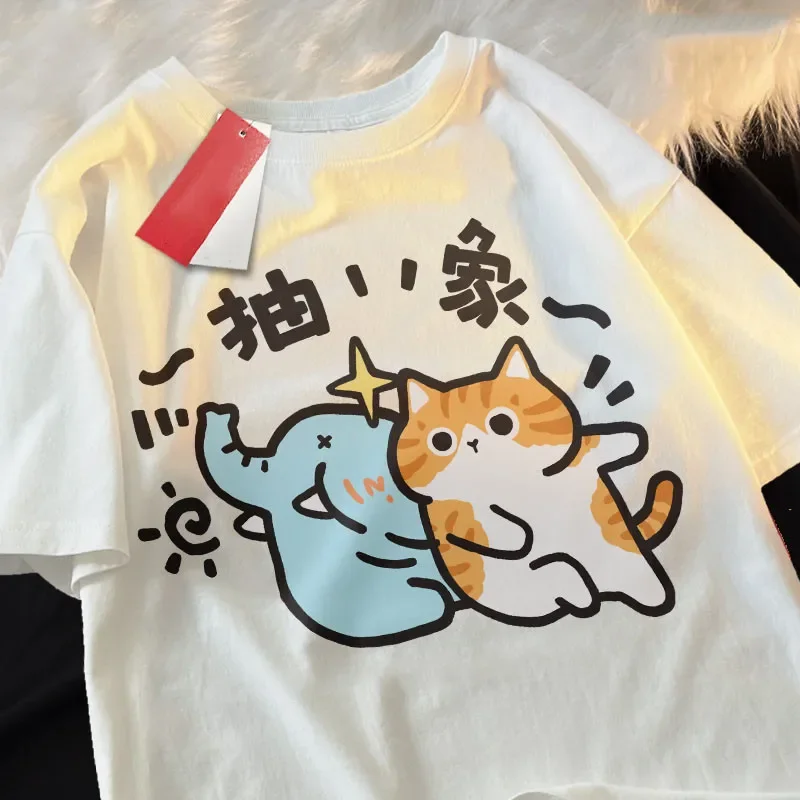 

Cute Cartoon Style Cat Printing Loose Short-sleeved T-shirt With Summer Round Neck Top Large Size Universal