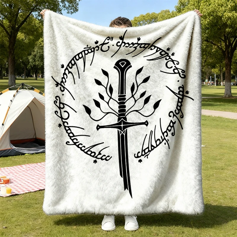 Tolkien Flannel Blanket, Broken Blade Flannel Throw with Middle Map on Back Cozy Blanket