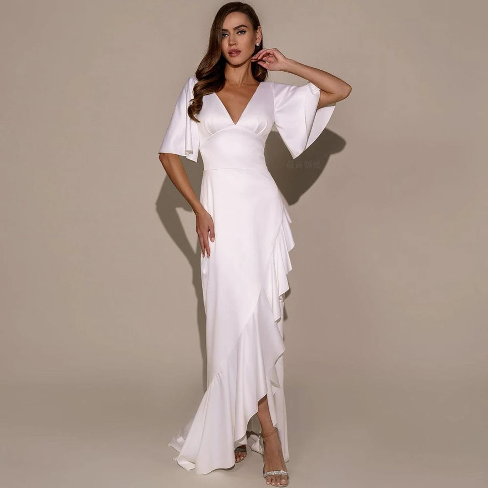 

Customized Wedding Dresses New Arrivals V-Neck Simple Short Sleeve Long Bride Dress Side Split Backless Sexy Elegant Party Gowns