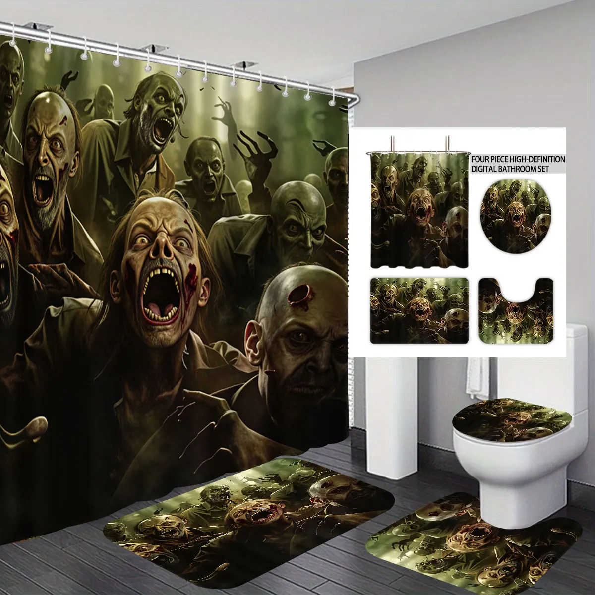 4PCS Horror Zombie Group Printed Bathroom Four-Piece Set, Including Bath Curtain, Toilet Seat Cover, U-Shaped Mat, and Floor