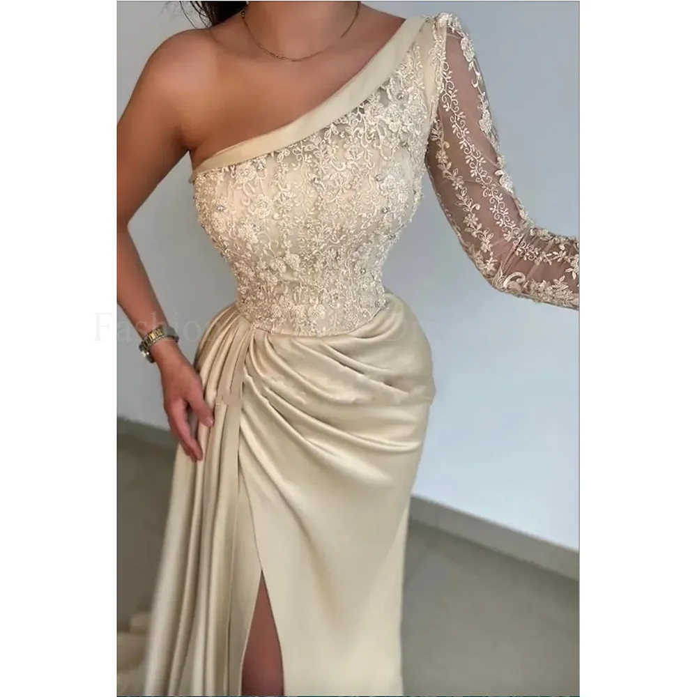 One Shoulder Long Sleeve Elegant Prom Dresses Appliques Pleat High Side Split Floor Length Formal Banquet Party Evening Gowns