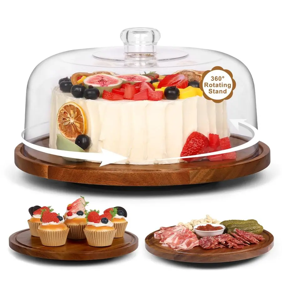 

Cake Stand with Dome Lid, 12in Acacia Wood Cake Plate with Cover, Wooden Cake Display Stand with Acrylic Dome, Cake Decorating f