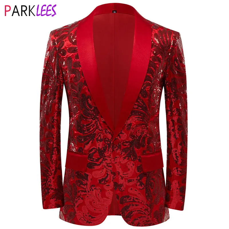 Men's Shiny Red Sequins Blazer Floral Suit Jacket One Button Shawl Lapel Tuxedo Blazers Party Wedding Banquet Prom Costume Homme