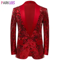 Blazer à paillettes rouge brillant pour Homme, veste de Costume Floral, un bouton, châle, revers, smoking, fête, mariage, Banquet, Costume Homme