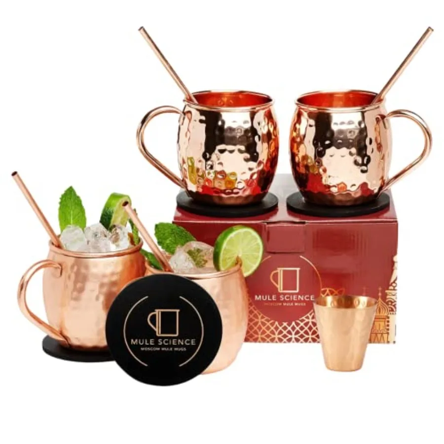 

Подарочный набор: Набор из 4 кружек Mule Science Moscow Mule, 19 унций. Большие медные кружки ручной работы (100% безопасные для пищевых продуктов) с аксессуарами Tarnis