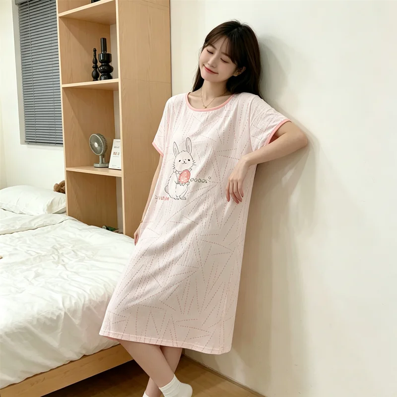 Summer Nightgown Short Sleeves Cute Cartoon Design Large Size Nightgown Summer Thin Long Skirt Homewear bust 114cm long 95cm