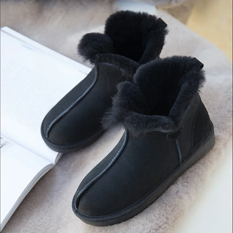 Big Size Sheepskin Cowsuede Leather Women Winter Boots 100% Natural Wool Fur Lined Ankle Snow Boots Non-slip Shoes Warm 35-48