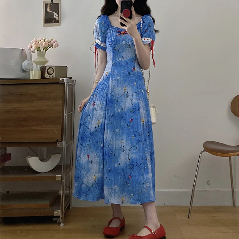 Tallas grandes suave dulce Sle gasa larga Dr azul estampado Floral adelgazante cintura alta A-Line falda coreana Sle verano Dr